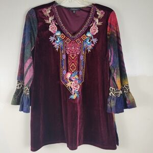 Calesaa Womens‎ Velvet Embroidered Tunic Top Burgundy Mixed Media Boho Large